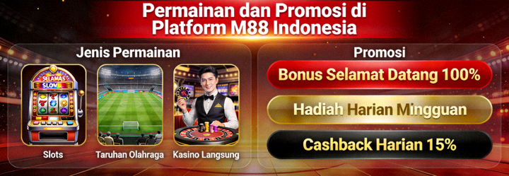 Animasi informasi tentang beragam permainan dan promosi yang tersedia di platform M88 Indonesia