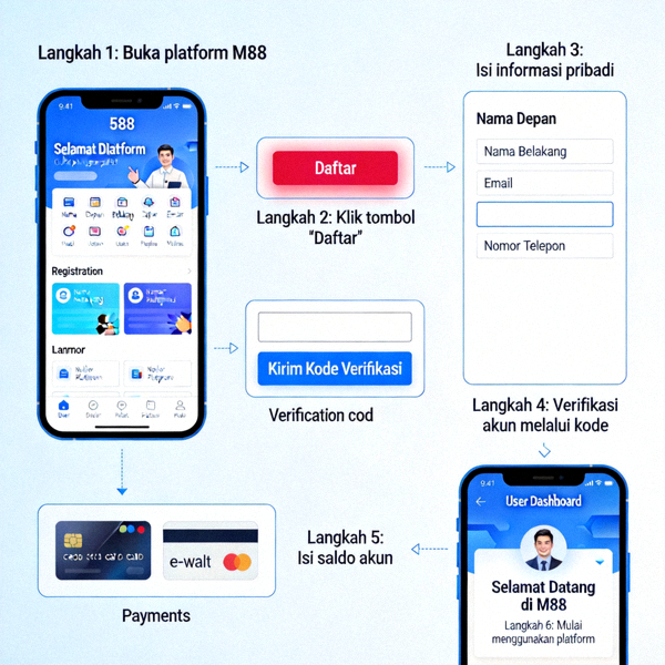 GIF panduan visual langkah demi langkah untuk mendaftar dan memulai di platform M88